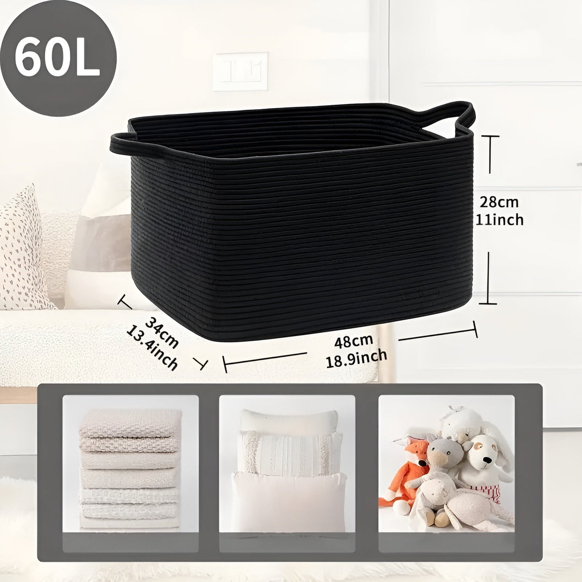 Storage Basket Large Woven Cotton Rope With Sturdy Handles