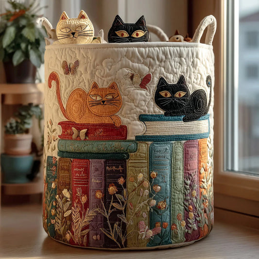 Storage Basket Quilted Embroidered Cat Motif Reinforced Handles