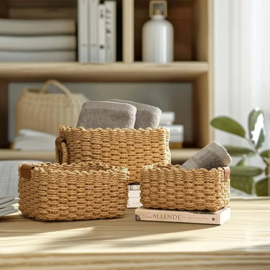 Storage Baskets Handwoven Rattan Set of 3 With Handles