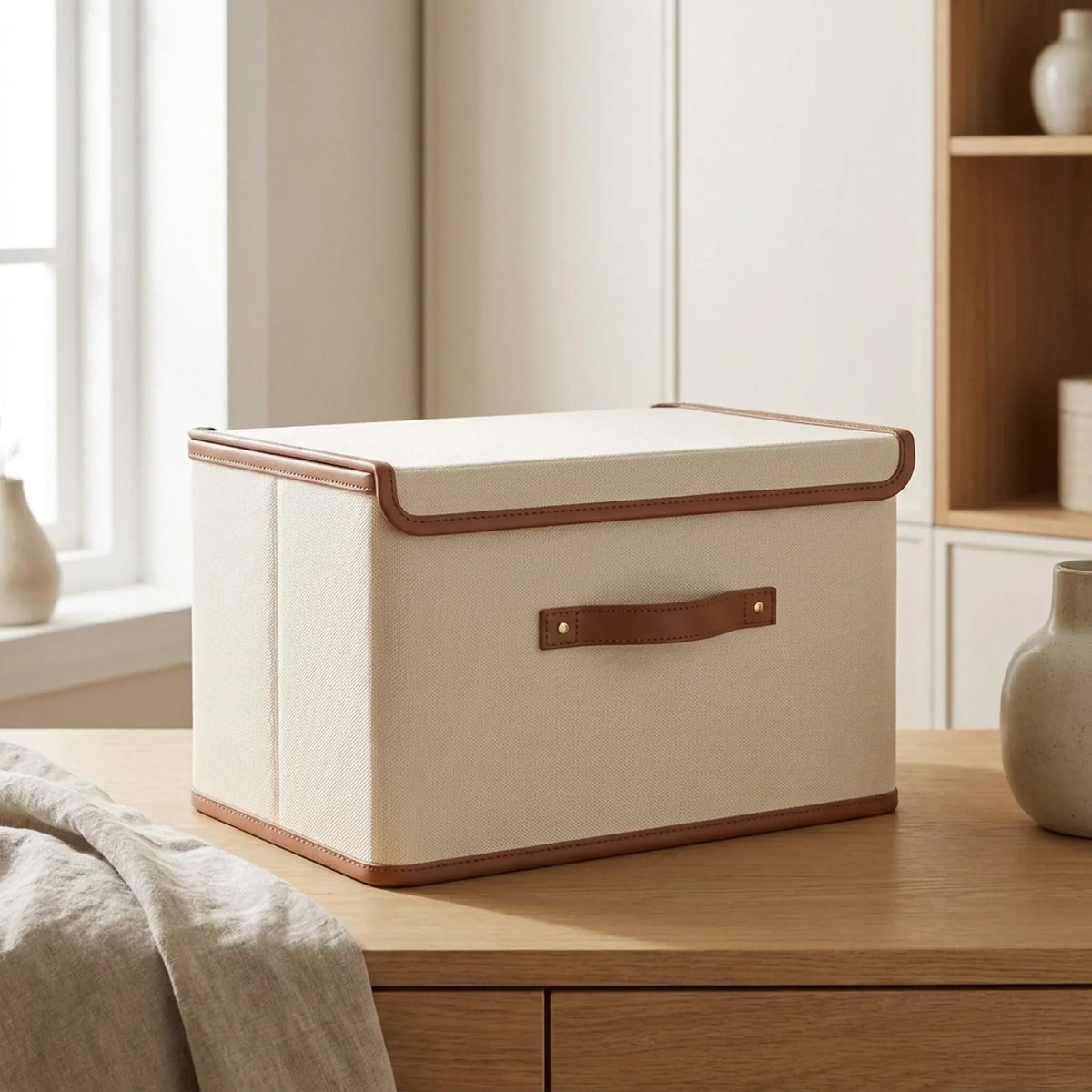 Storage Box Foldable Protective Lid Leather Handles