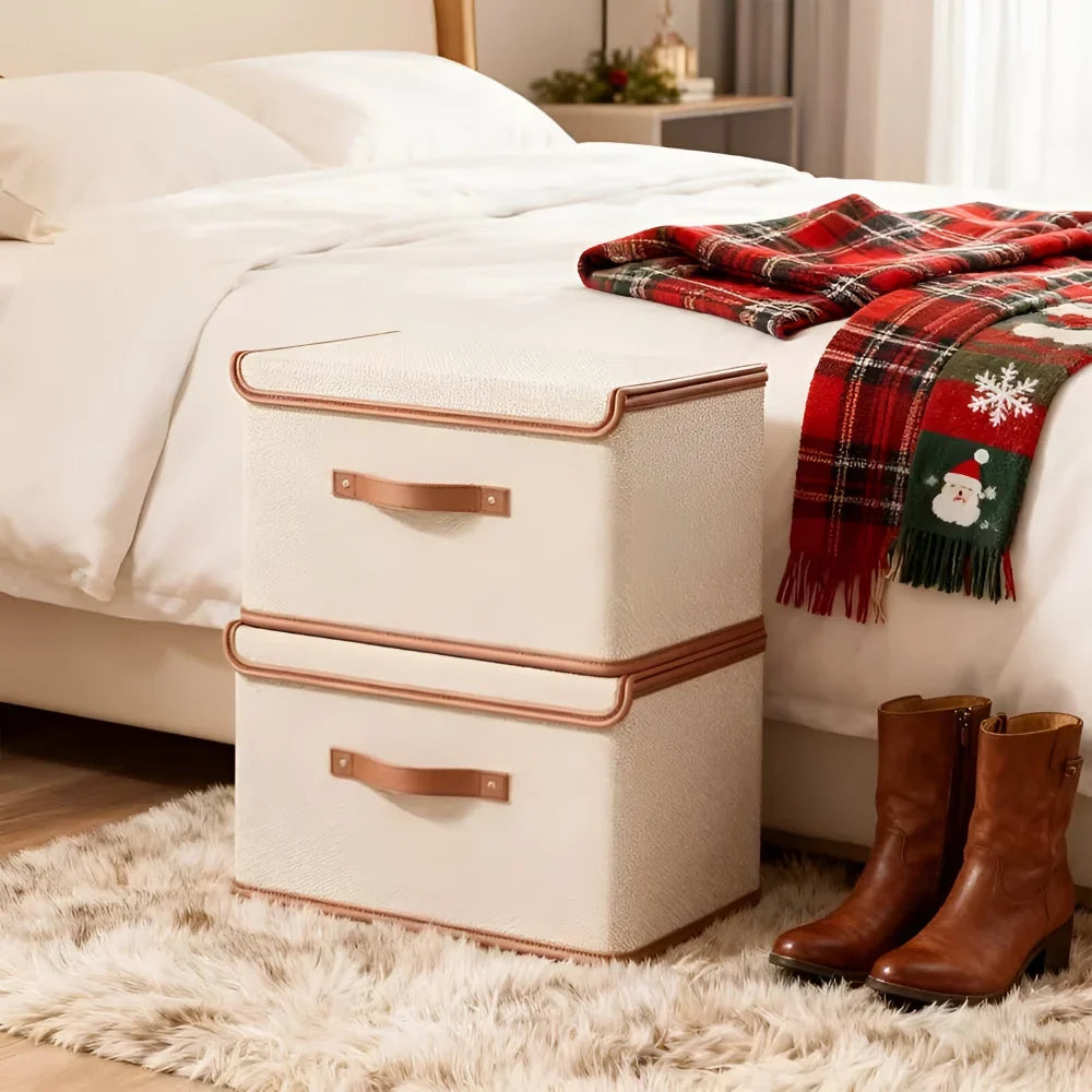 Storage Box Foldable Protective Lid Leather Handles