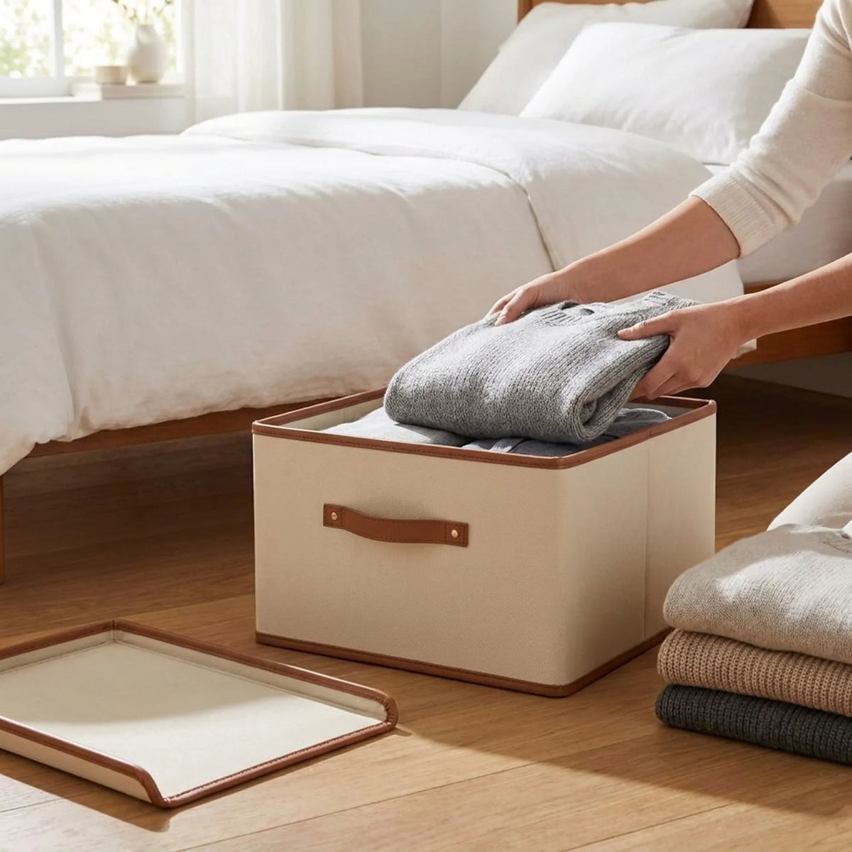 Storage Box Foldable Protective Lid Leather Handles