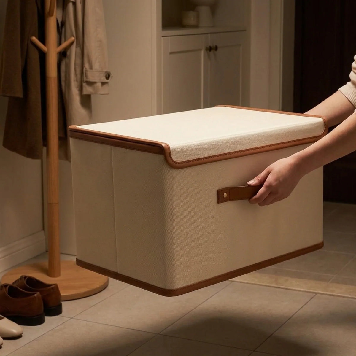 Storage Box Foldable Protective Lid Leather Handles