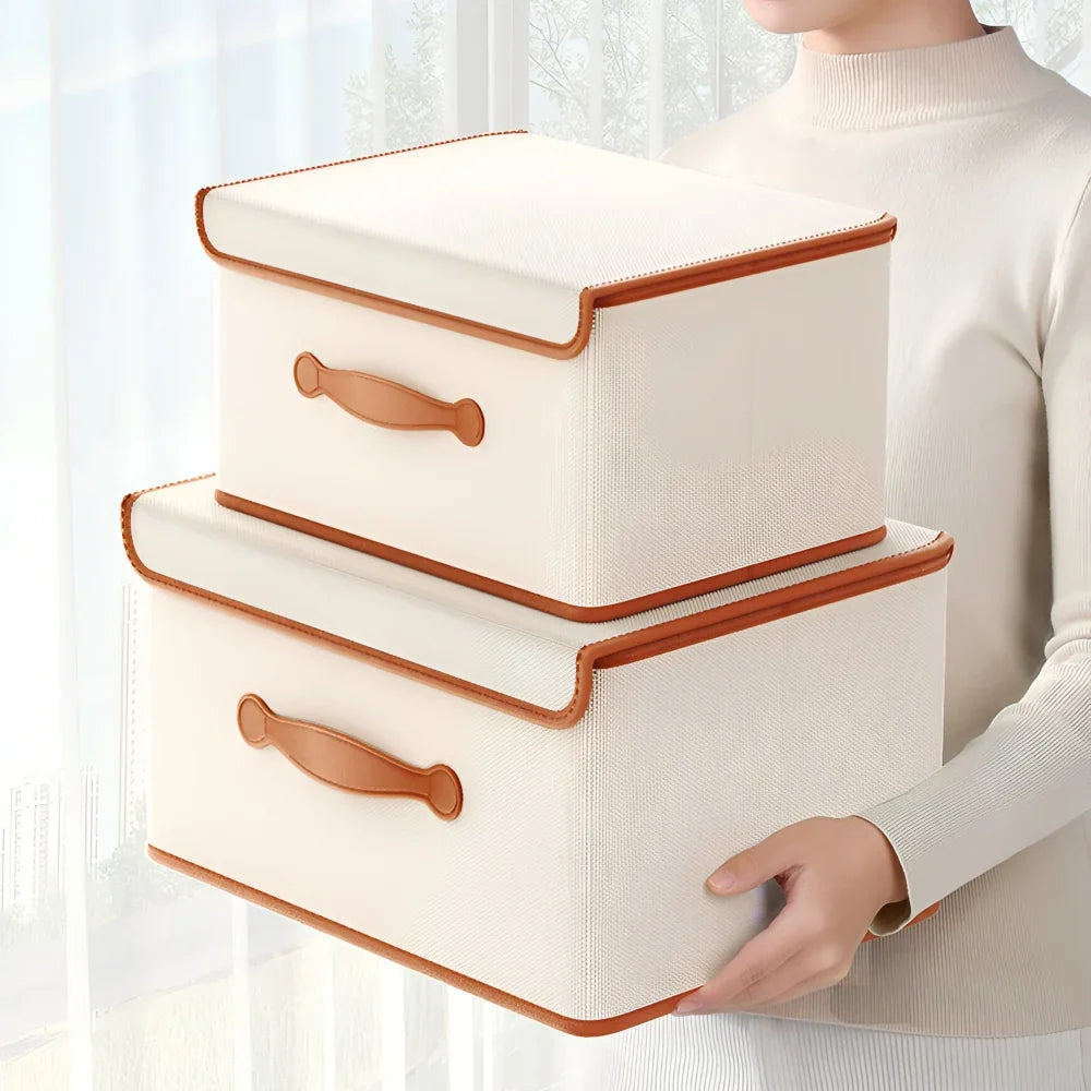 Storage Box Foldable Protective Lid Leather Handles