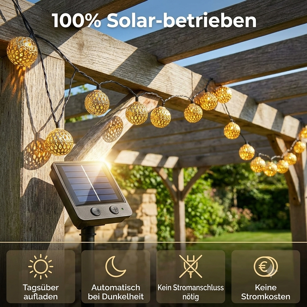 String Lights Solar-Powered Moroccan Metal 12m