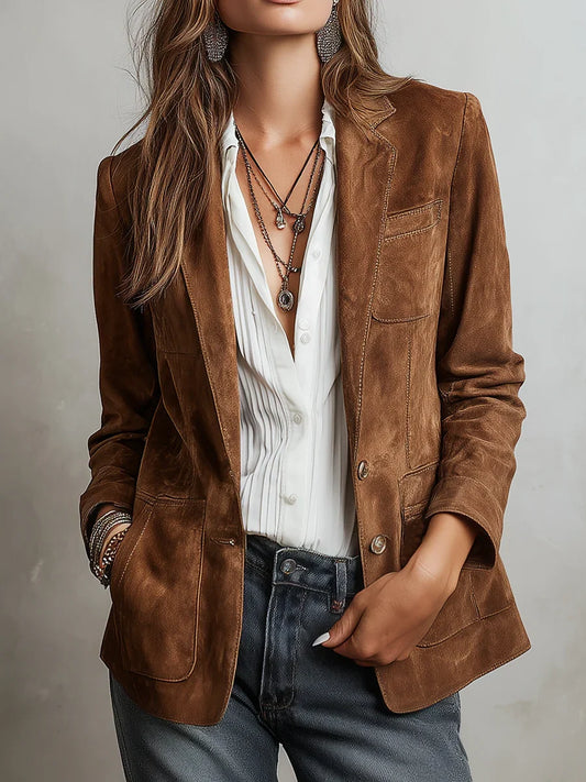 Suede Jacket Women’s Vintage Style Contrast Stitching