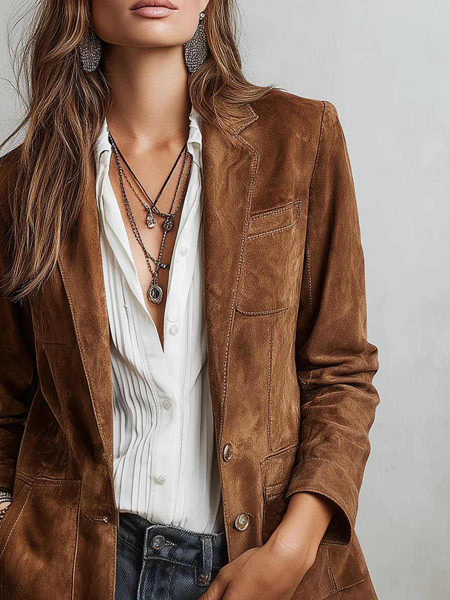 Suede Jacket Women’s Vintage Style Contrast Stitching