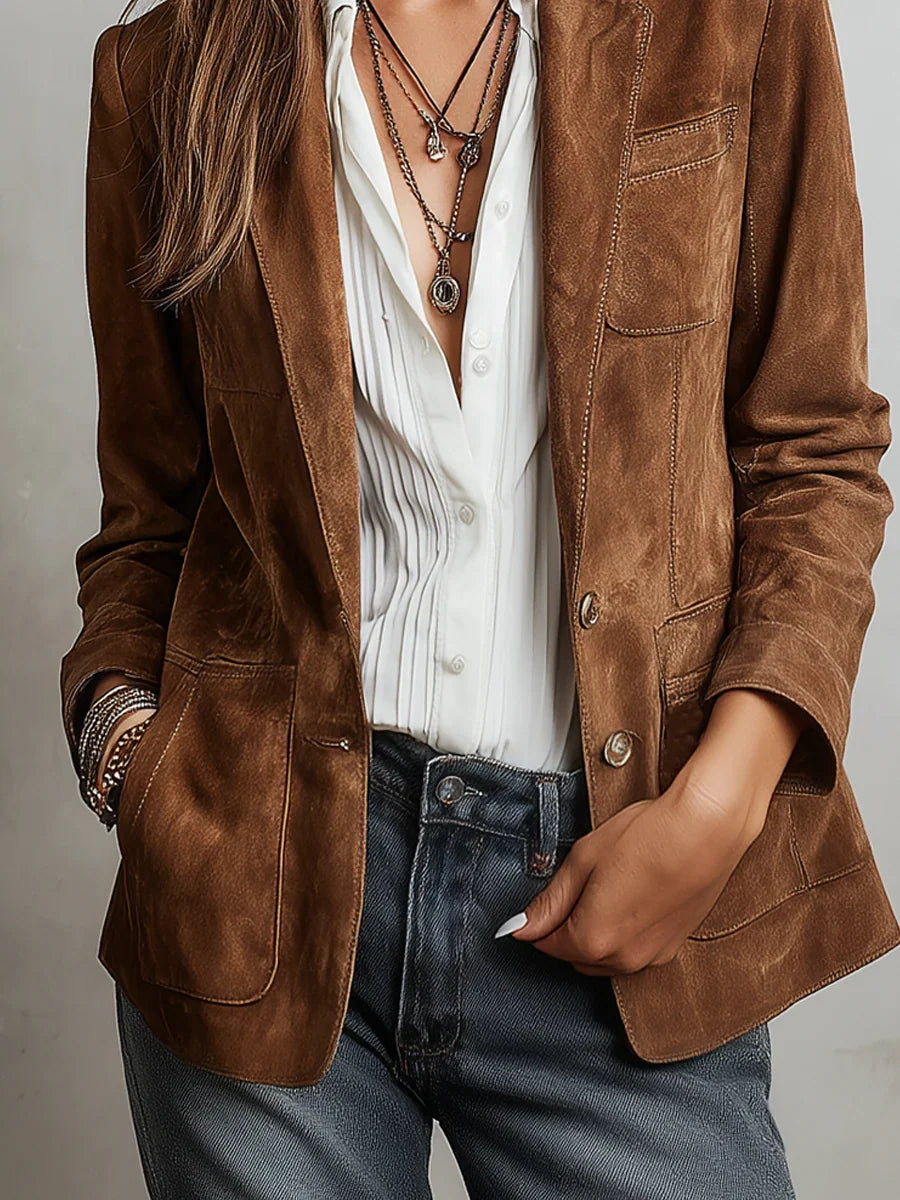 Suede Jacket Women’s Vintage Style Contrast Stitching