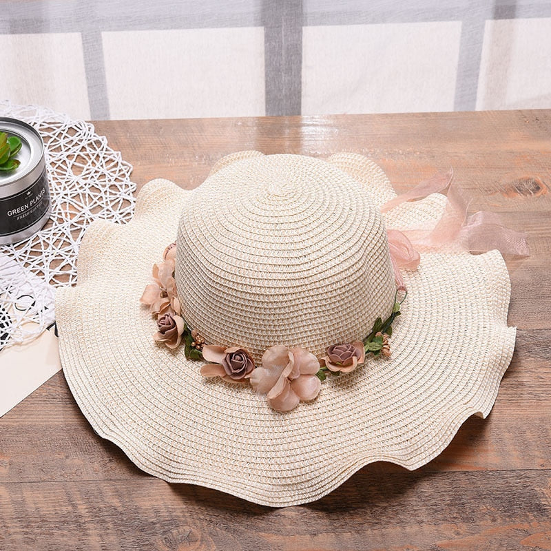 Sun Hat Wide Brim Floral Trim Breathable