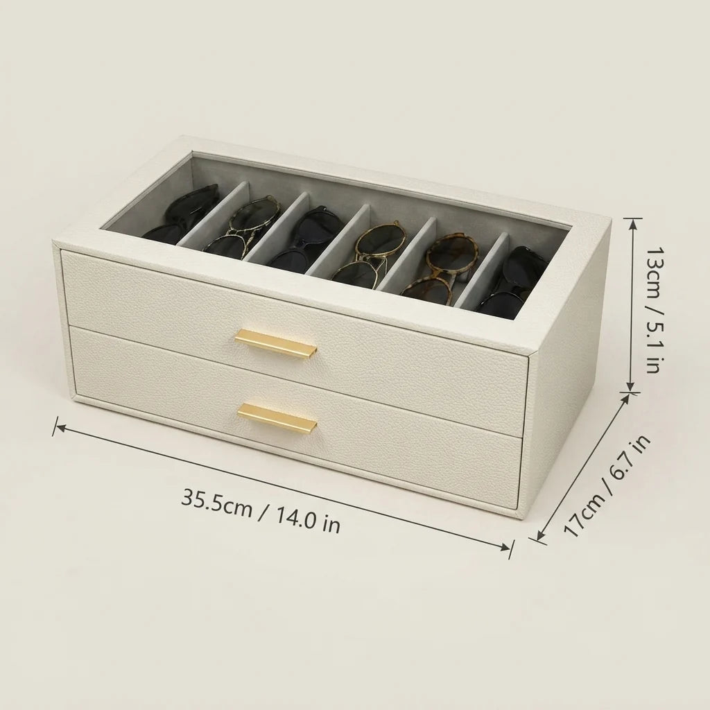 Sunglasses Organizer Two-Tier Glass Lid Velvet-Lined Holds 12 Pairs