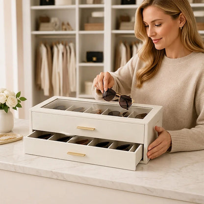 Sunglasses Organizer Two-Tier Glass Lid Velvet-Lined Holds 12 Pairs