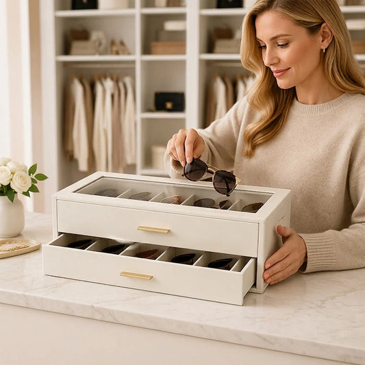 Sunglasses Organizer Two-Tier Glass Lid Velvet-Lined Holds 12 Pairs