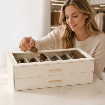 Sunglasses Organizer Two-Tier Glass Lid Velvet-Lined Holds 12 Pairs