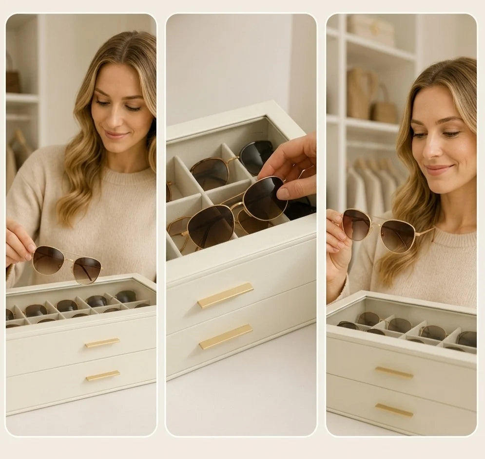 Sunglasses Organizer Two-Tier Glass Lid Velvet-Lined Holds 12 Pairs