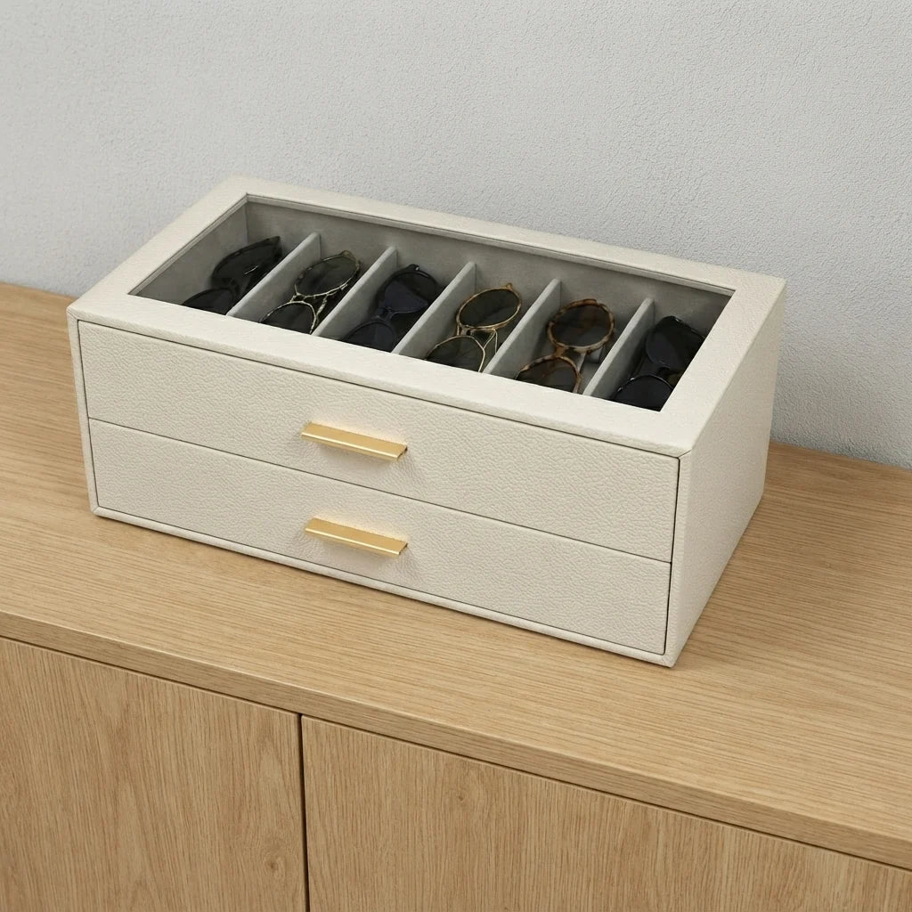 Sunglasses Organizer Two-Tier Glass Lid Velvet-Lined Holds 12 Pairs