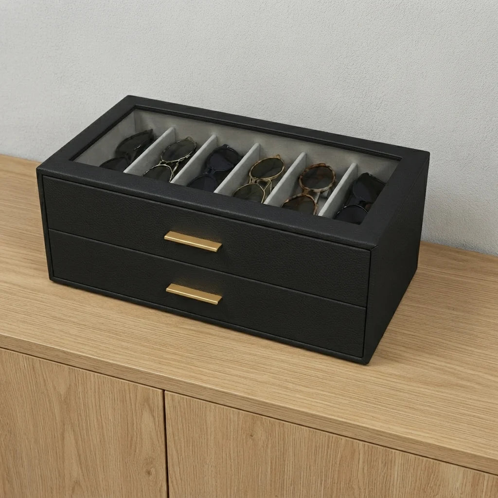 Sunglasses Organizer Two-Tier Glass Lid Velvet-Lined Holds 12 Pairs