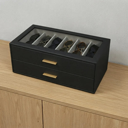 Sunglasses Organizer Two-Tier Glass Lid Velvet-Lined Holds 12 Pairs