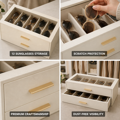 Sunglasses Organizer Two-Tier Velvet-Lined Glass Lid