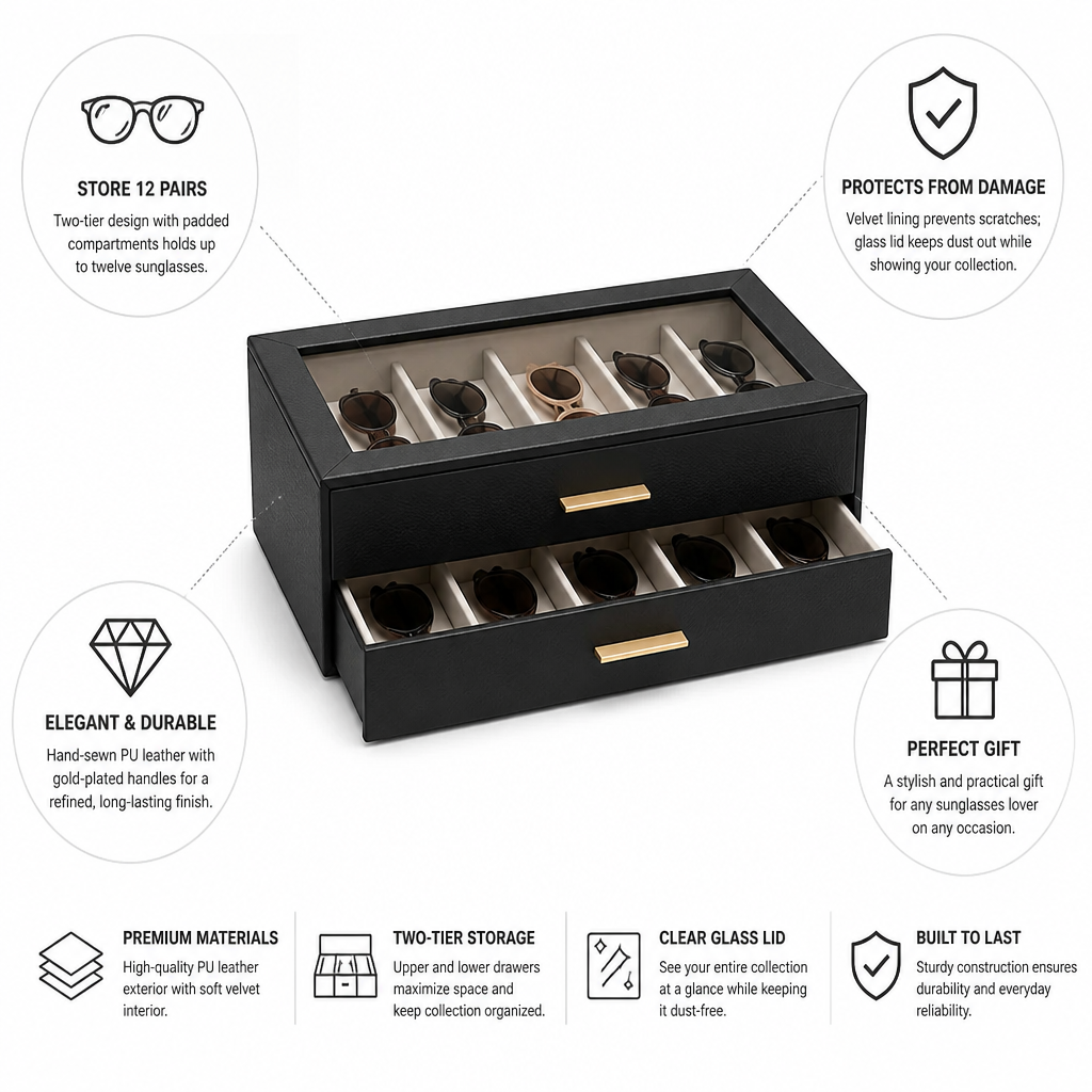 Sunglasses Organizer Two-Tier Velvet-Lined Glass Lid