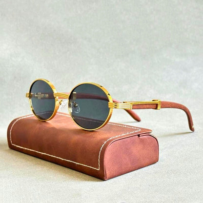 Sunglasses Round Gold Metal Frame UV400 Wooden Temples