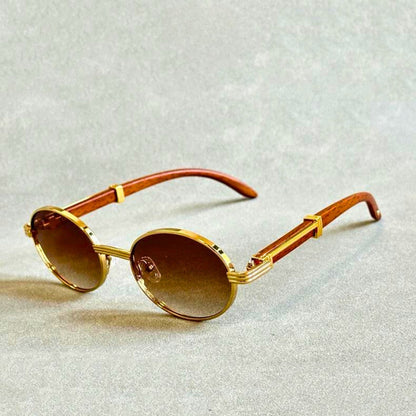 Sunglasses Round Gold Metal Frame UV400 Wooden Temples