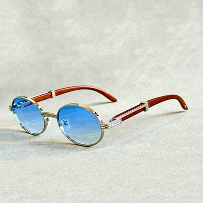 Sunglasses Round Gold Metal Frame UV400 Wooden Temples
