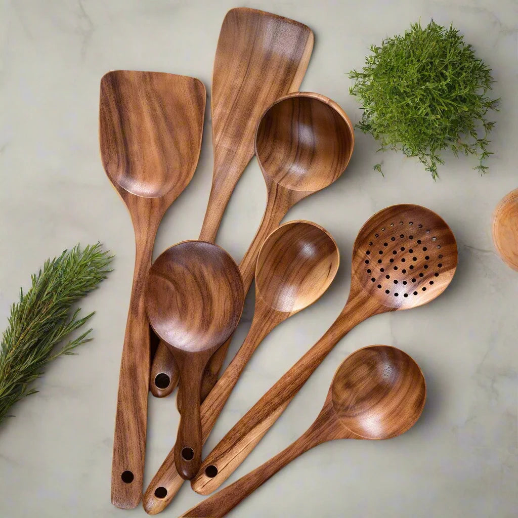 Sustainable Teakwood Kitchen Utensil Set – Antimicrobial Cooking Tools