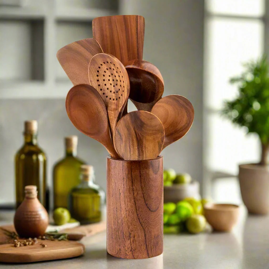 Sustainable Teakwood Kitchen Utensil Set – Antimicrobial Cooking Tools