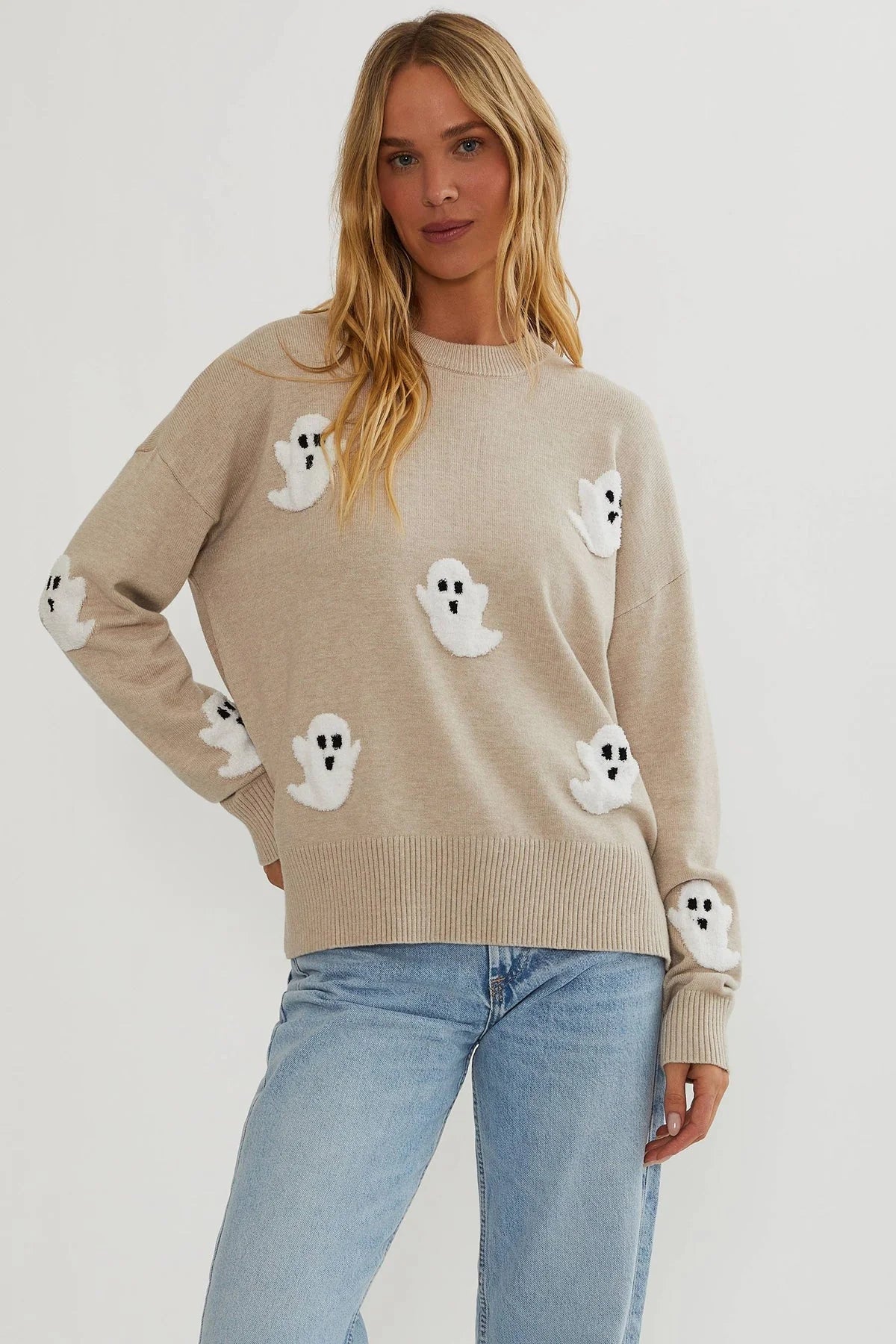 Sweater Ghost Appliqué Lightweight Knit Relaxed Fit