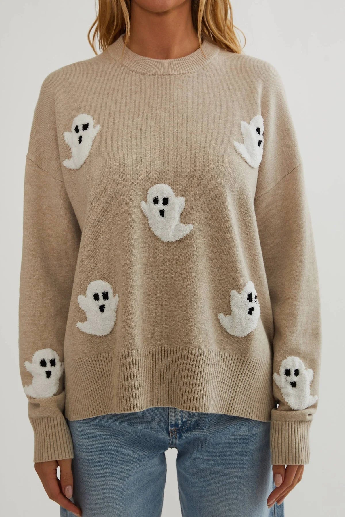 Sweater Ghost Appliqué Lightweight Knit Relaxed Fit