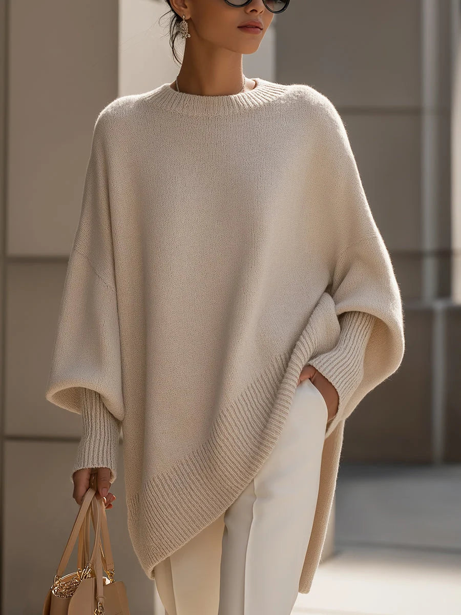 Sweater Oversized Batwing Sleeves Asymmetric Hem Knitted Cuffs