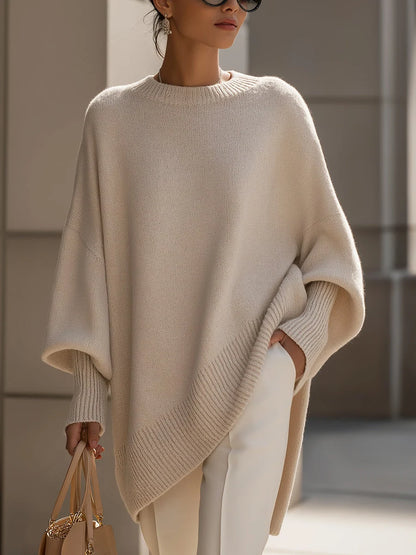 Sweater Oversized Batwing Sleeves Asymmetric Hem Knitted Cuffs