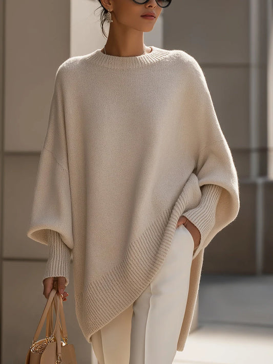 Sweater Oversized Batwing Sleeves Asymmetric Hem Knitted Cuffs