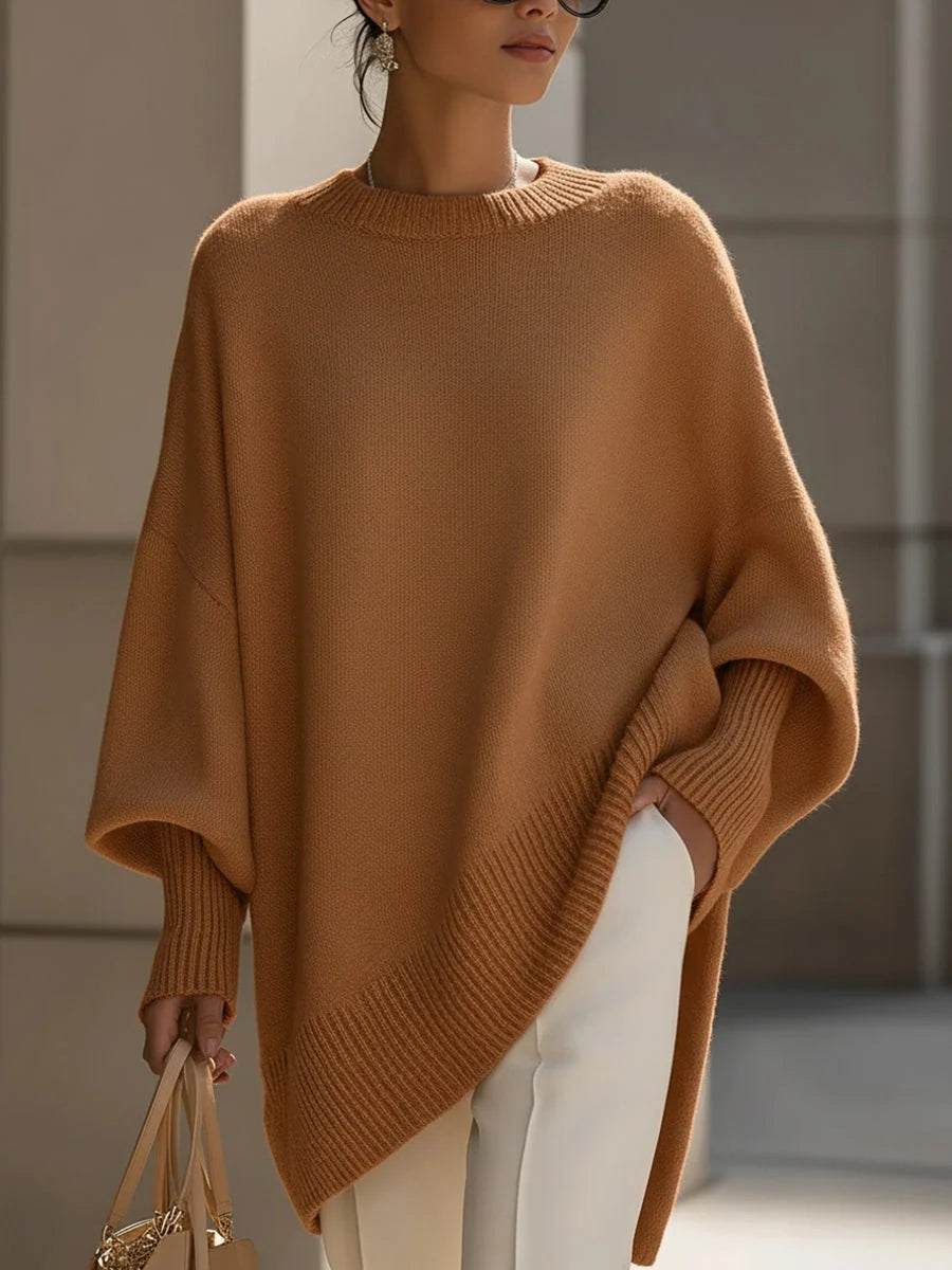 Sweater Oversized Batwing Sleeves Asymmetric Hem Knitted Cuffs
