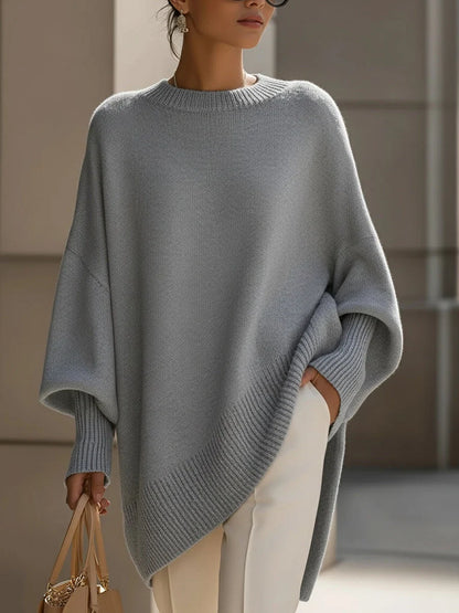 Sweater Oversized Batwing Sleeves Asymmetric Hem Knitted Cuffs