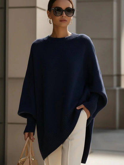 Sweater Oversized Batwing Sleeves Asymmetric Hem Knitted Cuffs