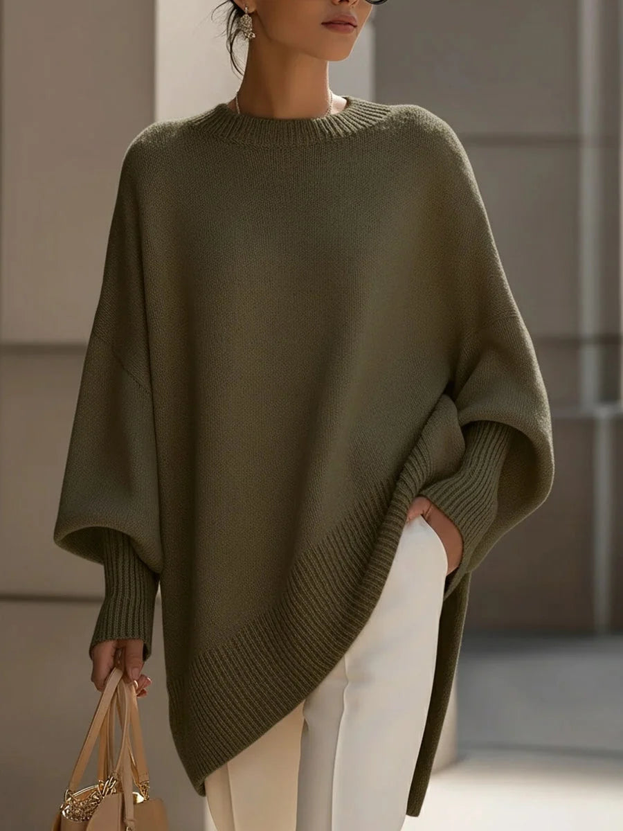 Sweater Oversized Batwing Sleeves Asymmetric Hem Knitted Cuffs