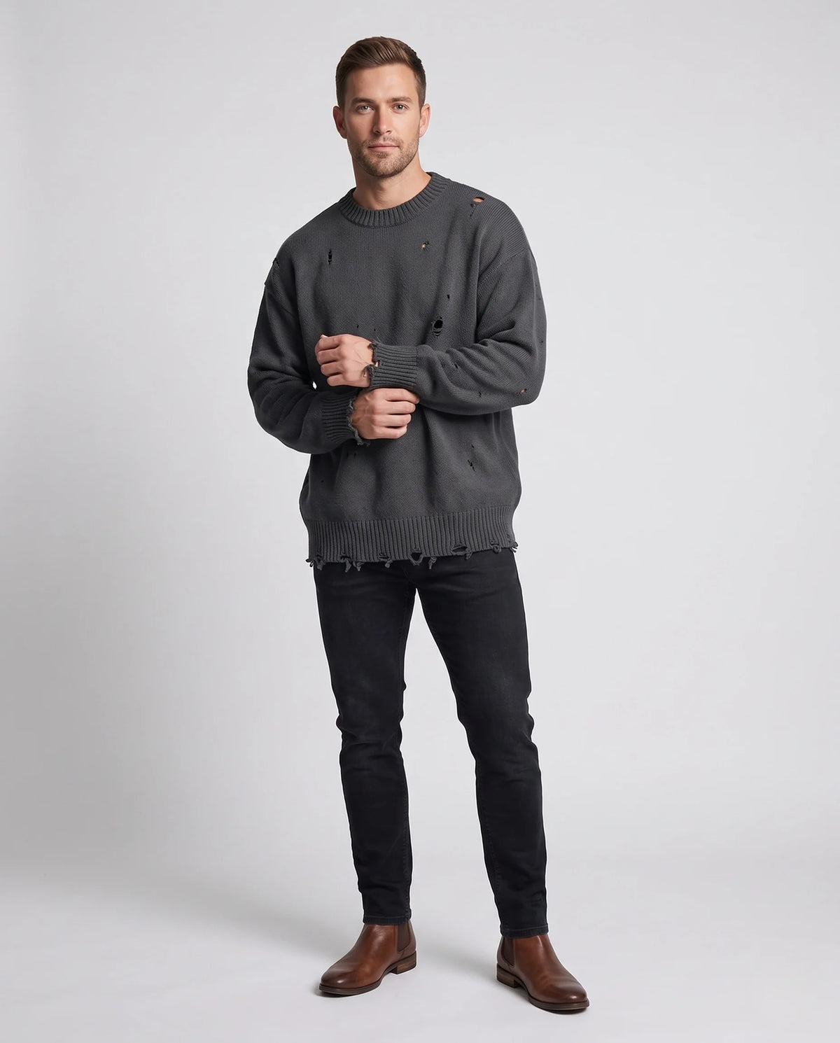 Sweater Unisex Oversized Distressed Knit Ribbed Cuffs