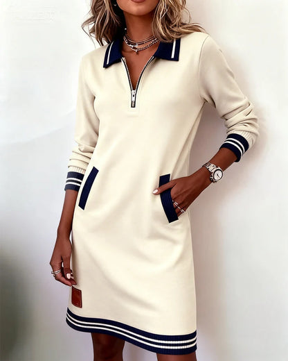 Sweatshirt Dress Quarter-Zip Polo Collar Front Pockets