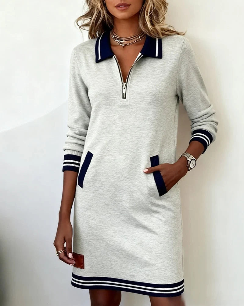 Sweatshirt Dress Quarter-Zip Polo Collar Front Pockets
