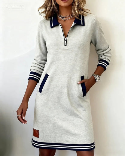 Sweatshirt Dress Quarter-Zip Polo Collar Front Pockets