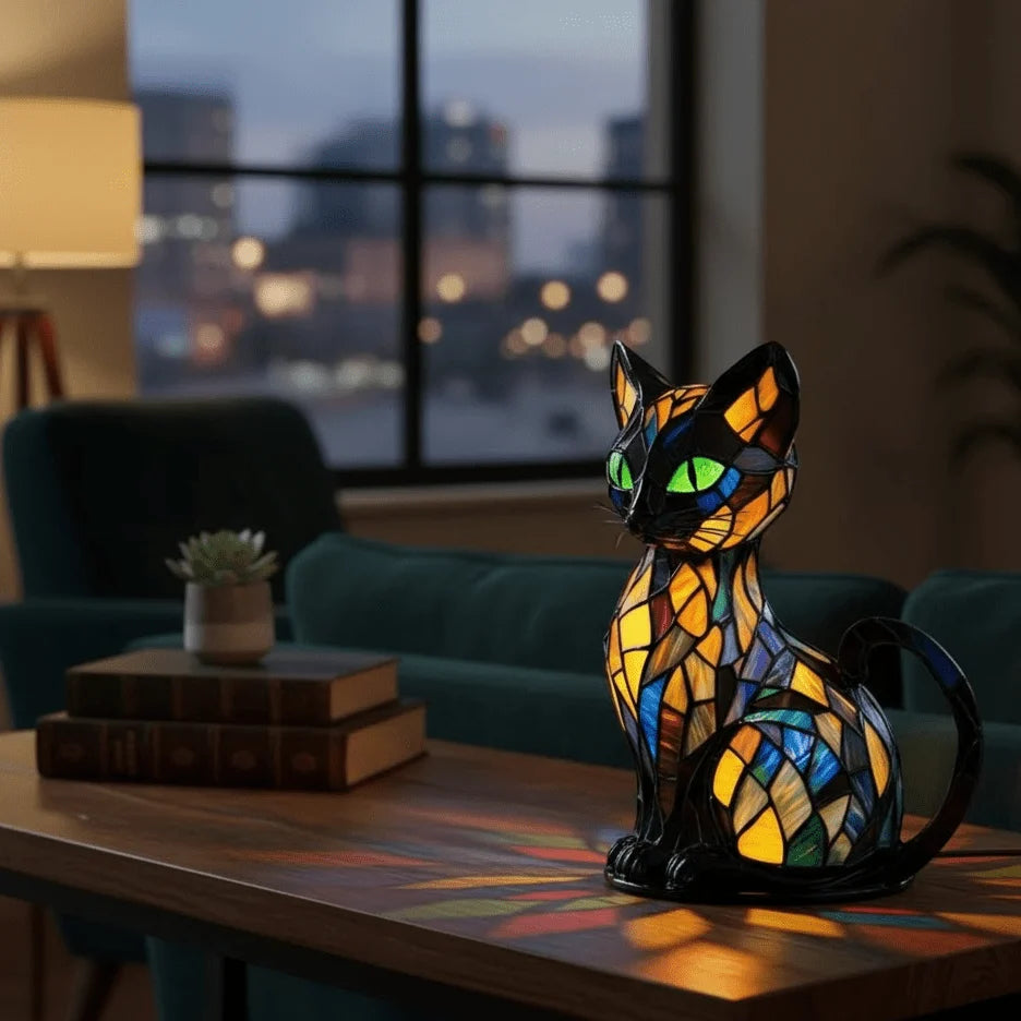 Table Lamp Cat Design Handmade Resin Warm White LED