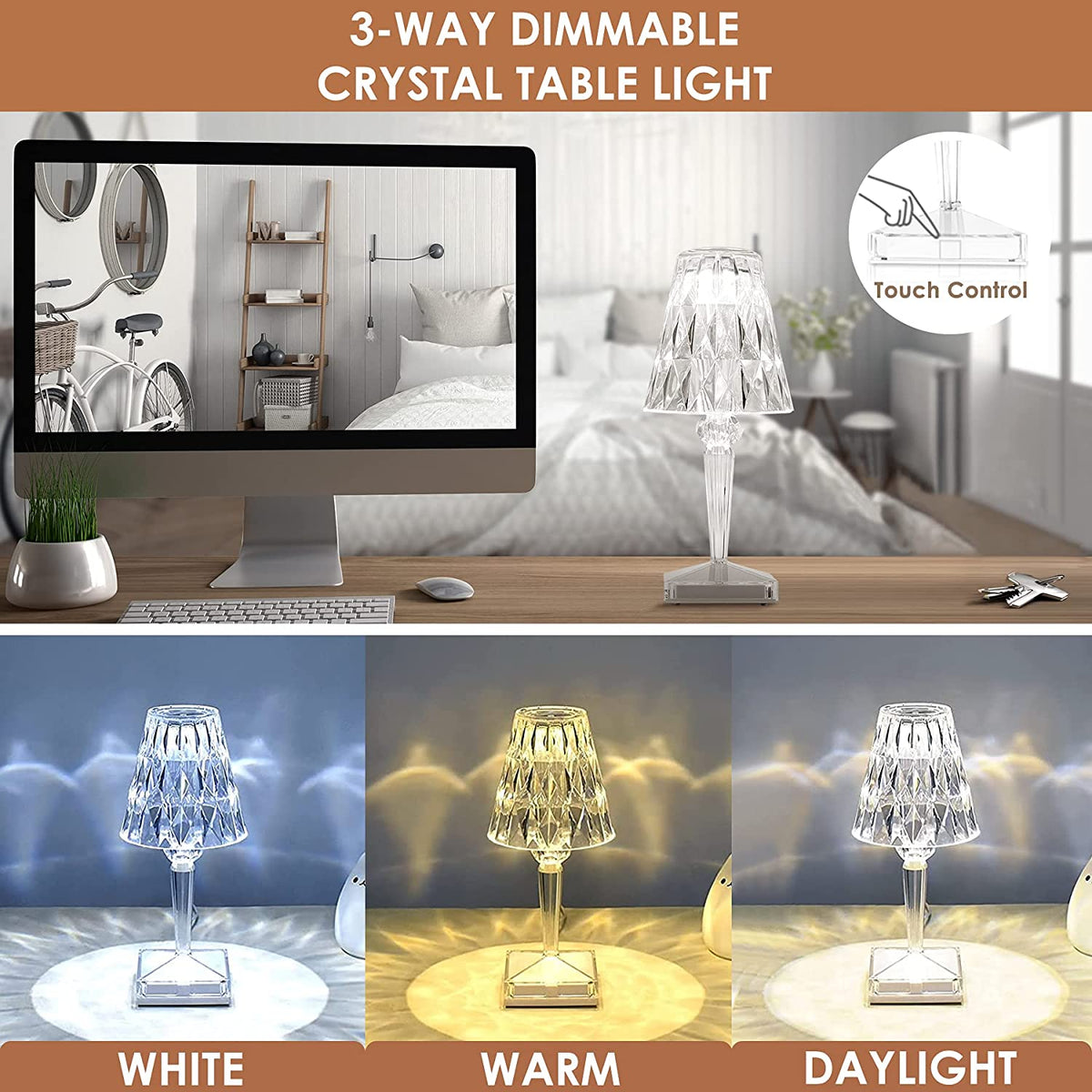 Table Lamp Crystal-Cut Acrylic USB Rechargeable Touch Control