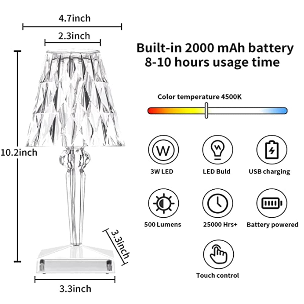 Table Lamp Crystal-Cut Acrylic USB Rechargeable Touch Control