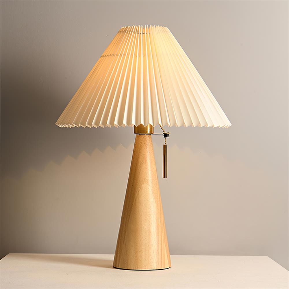 Table Lamp Folded Fabric Shade Oak Wood Base