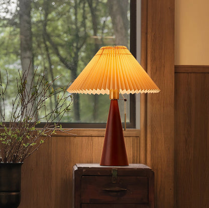 Table Lamp Folded Fabric Shade Oak Wood Base