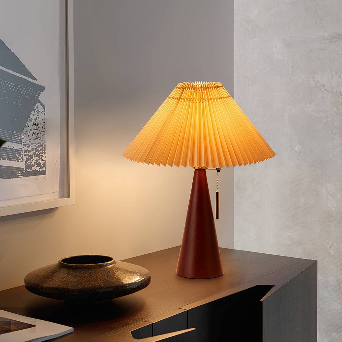 Table Lamp Folded Fabric Shade Oak Wood Base