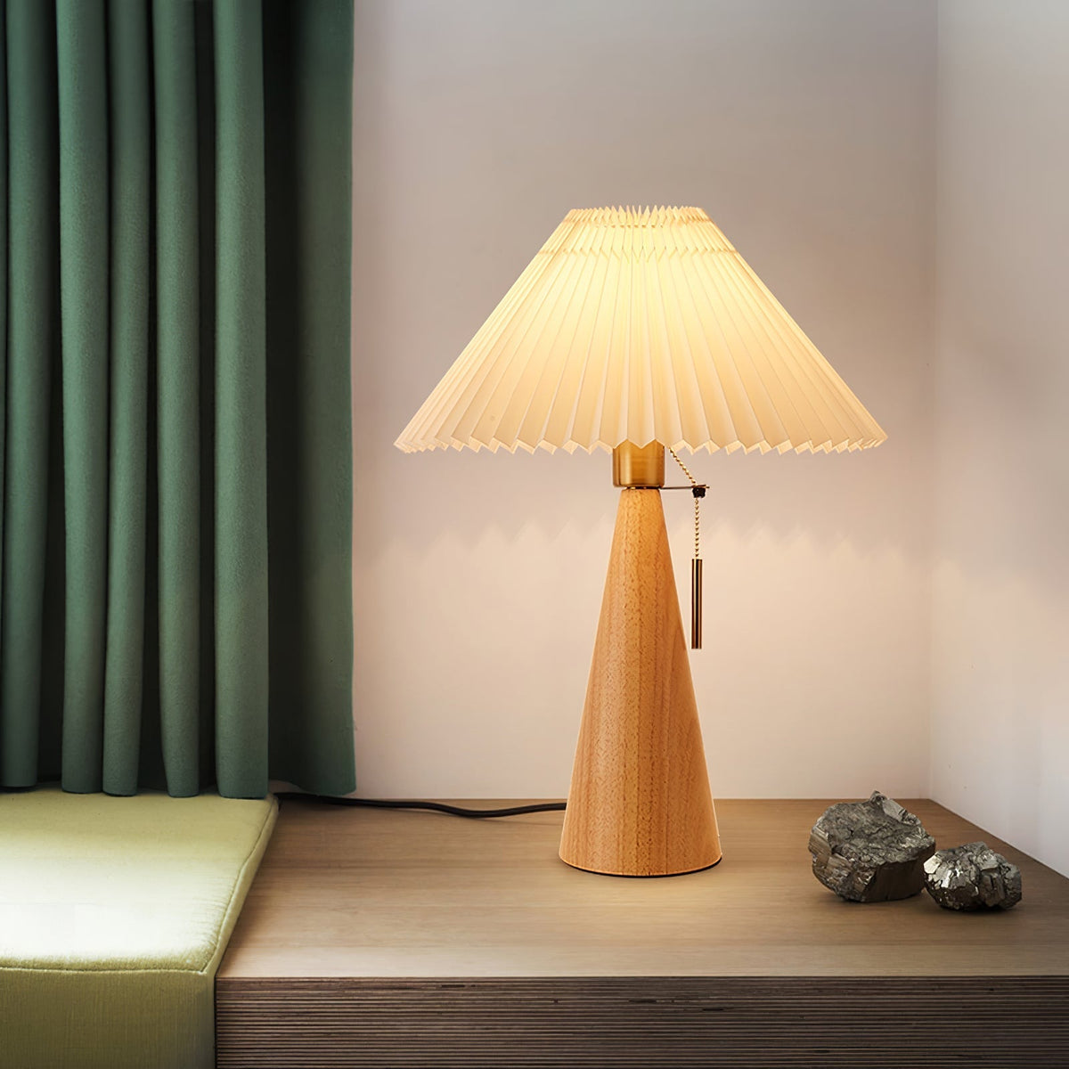 Table Lamp Folded Fabric Shade Oak Wood Base