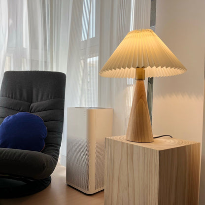 Table Lamp Folded Fabric Shade Oak Wood Base