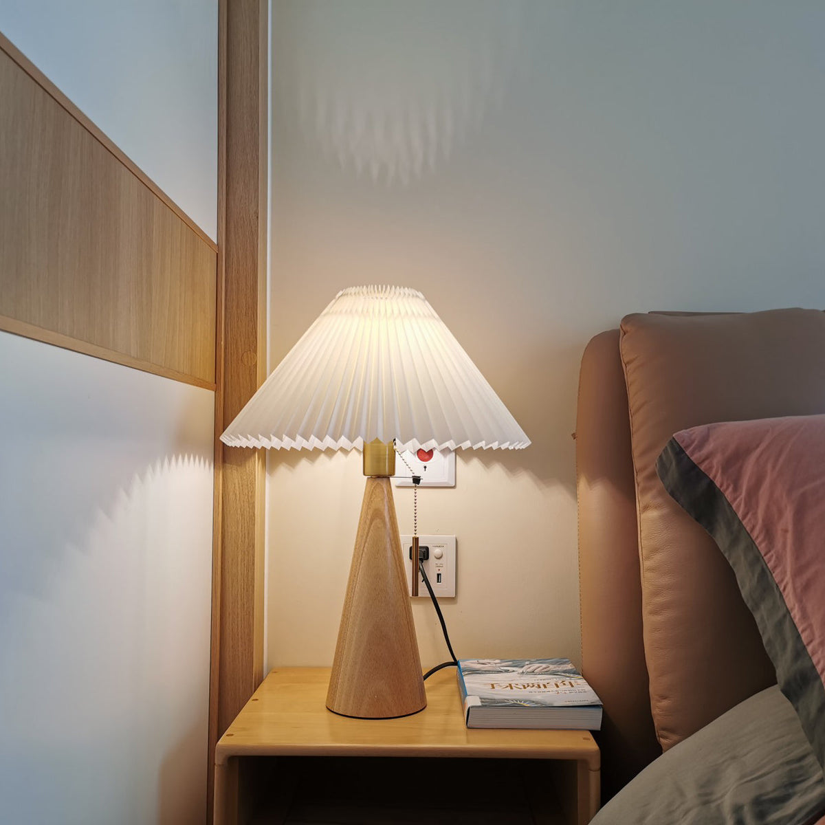 Table Lamp Folded Fabric Shade Oak Wood Base